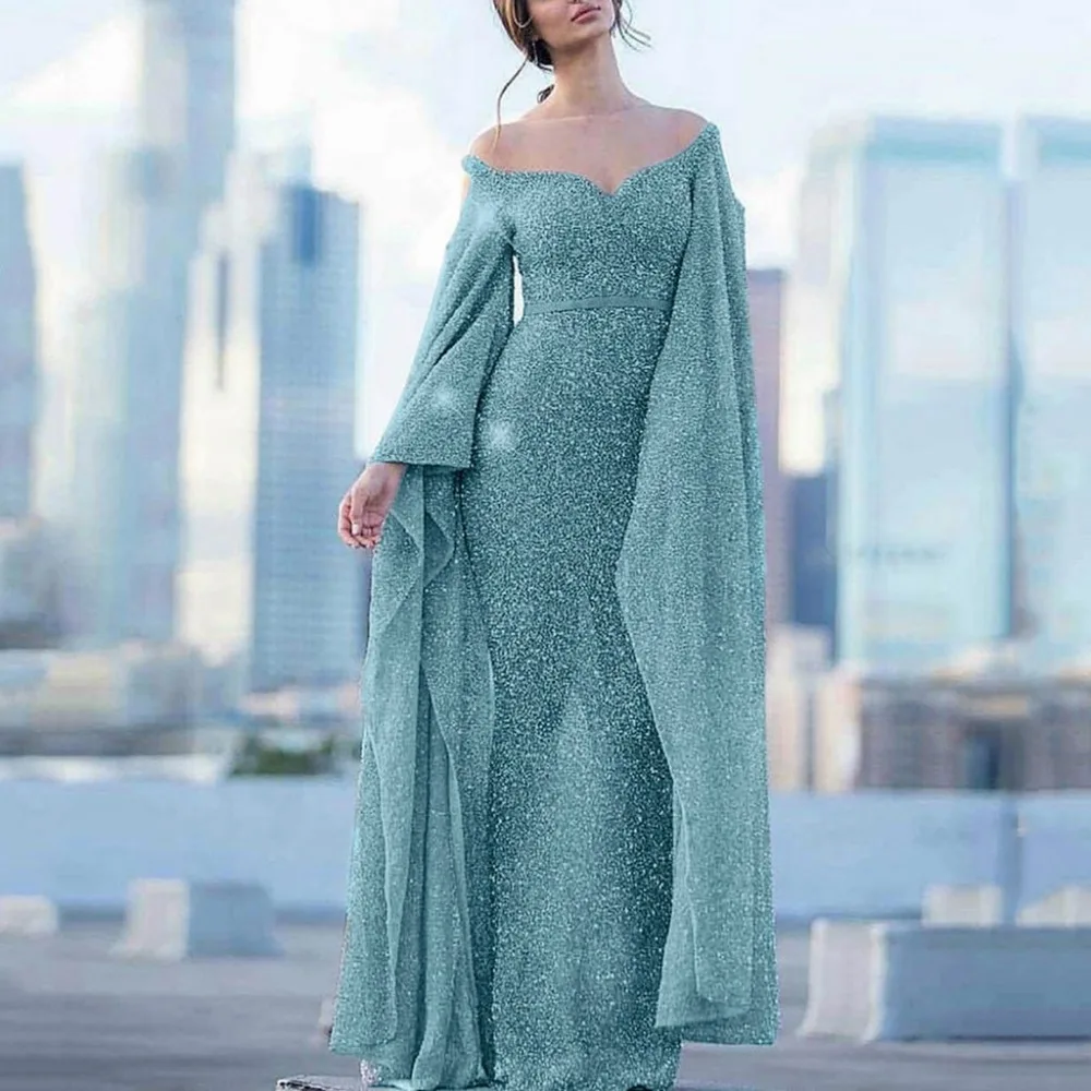 Элегантное женское модное Однотонное Платье макси с накидкой, короткий рукав, платье на бретельках с блестками, женское вечернее платье vestidos