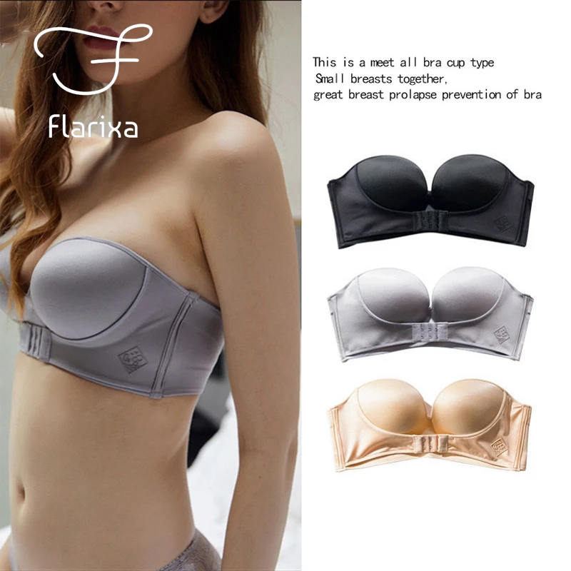 

Flarixa Ladies Sexy Strapless Non Slip Underwear Invisible Front Buckle No Steel Ring Push up Gather Bra Seamless Bra ABC Cup