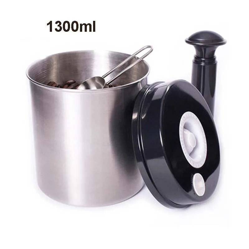 

Vacuum Food Container Stainless Steel- Black Lid Kitchen Storage Bottles Jars for coffee bean