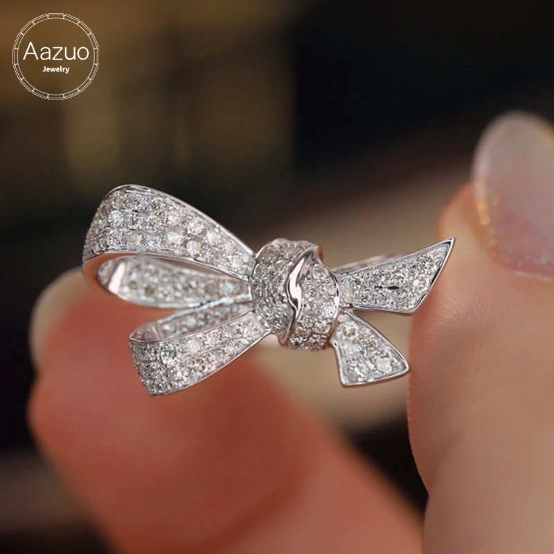 Aazuo 18K Solid White Gold Real Diamond 0.70ct H Fairy Luxuly Bowknot Ring Gifted For Woman Deluxe Banquet Fashion Jewelry Au750 gours winter real leather gloves women red genuine goatskin gloves fleece lining warm soft driving fashion bowknot new gsl006