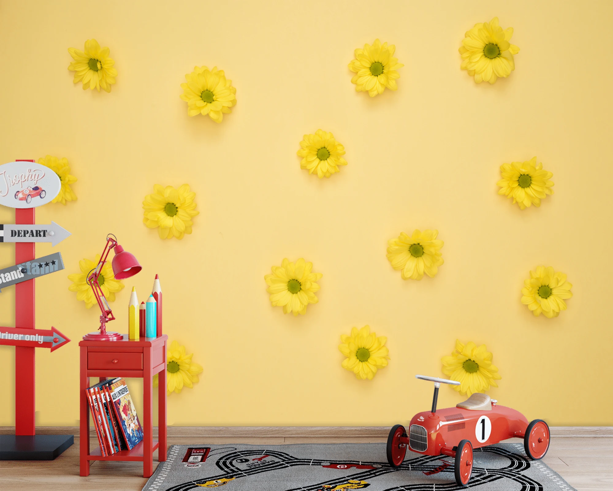 Quality Digital Printed Wallpaper For Your Home Yellow Daisy Themed Kids Room Background | Обустройство дома