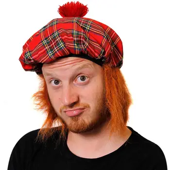 

TAM O SHANTER FANCY DRESS HAT WITH WIG TARTAN SCOTTISH SCOTLAND BURNS ST ANDREW