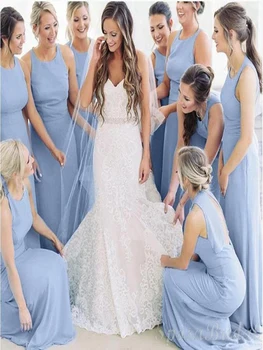 

2020 Latest Arrival Blue Chiffon O Neck Bridesmaid Dresses Long Affordable Keyhole Back Maid Of Honor Gowns Sleeveless