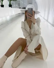 A-Line Dress V-Neck Spring Bishop-Sleeve Satin Simplee Chic Elegant Vintage High-Waist