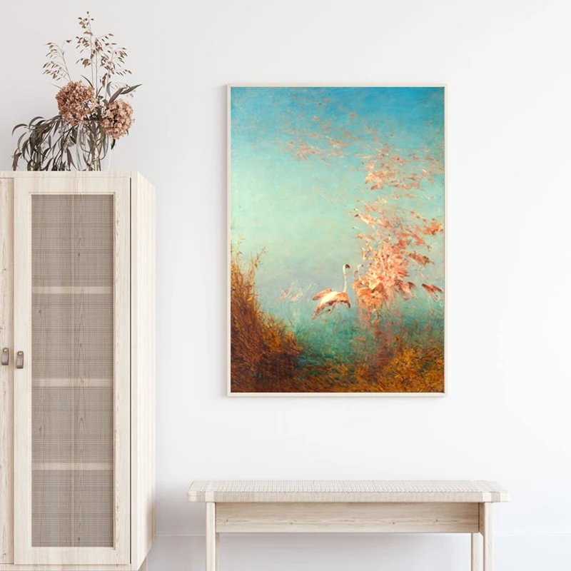 Pink Flamingos Oil Painting On Canvas Poster Flying Birds Nature Art Prints Animal Colorful Bright Blue Sky Picture Home Decor | Дом и сад