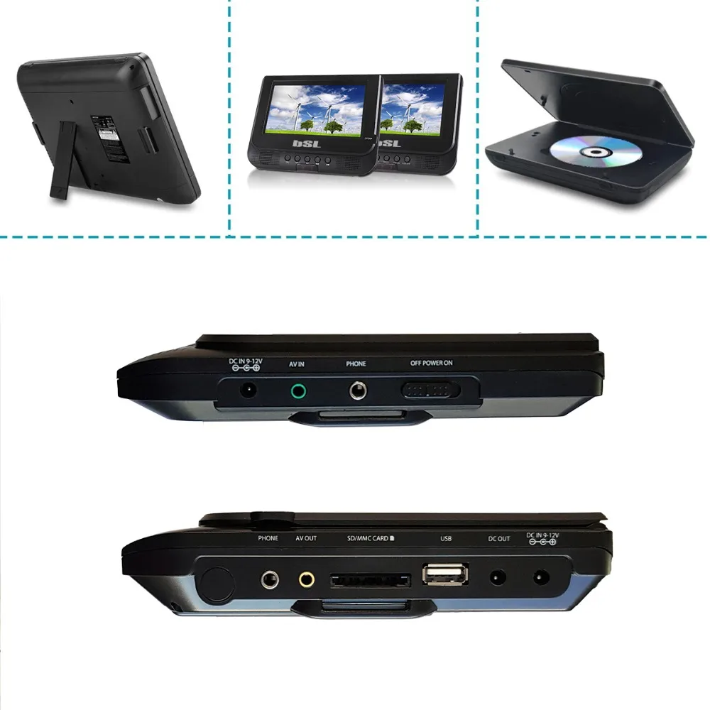 Reproductor DVD Dual 7 pulgadas portátil BSL 7X negro, reproduce archivos multimedia USB SD, con batería incorporada|Reproductor de VCD y DVD| AliExpress