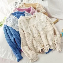 NiceMix осень женский темперамент Vogue Кружева v-образным вырезом свитер с длинным рукавом сплошной цвет однобортный вязаный кардиган