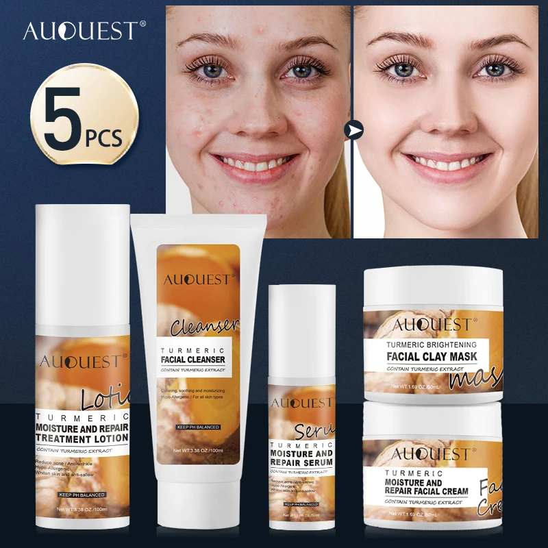 Auquest 5pcs Tumeric Face Skin Care Set Acne Treatment Serum Oil Anti