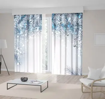 

Curtain Christmas Balls and Fir Branches Snowy Winter Holiday Celebration Silver and Navy Blue Artwork