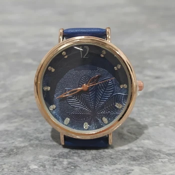 

Analog Women's Watch metal dial dark blue leather strap