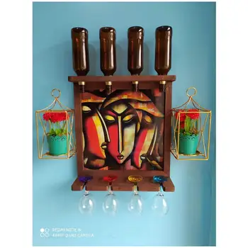 

Wooden Red Wine Beer Rack 4 Bottle Holder Wall Picture Goblet Holder Gold Metal Candle Holder Candlestick Artificial Flowers