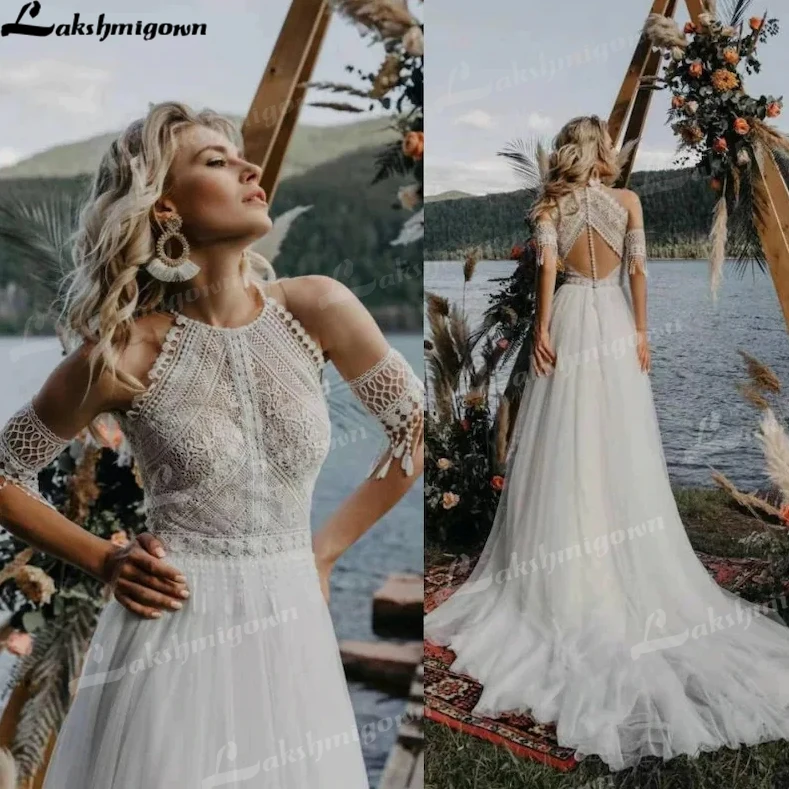 

Stunning A-line Boho/Bohemian Vintage Wedding Bride Beach dress with Satin Skirt Lace Bracelet Sleeves