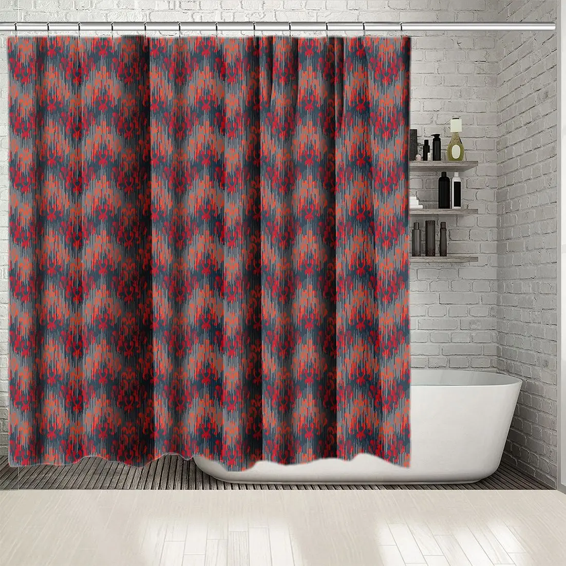 Занавески для душа Ikat Tribal Damask Zigzag узор Винтажный стиль оранжевый темно синий 11