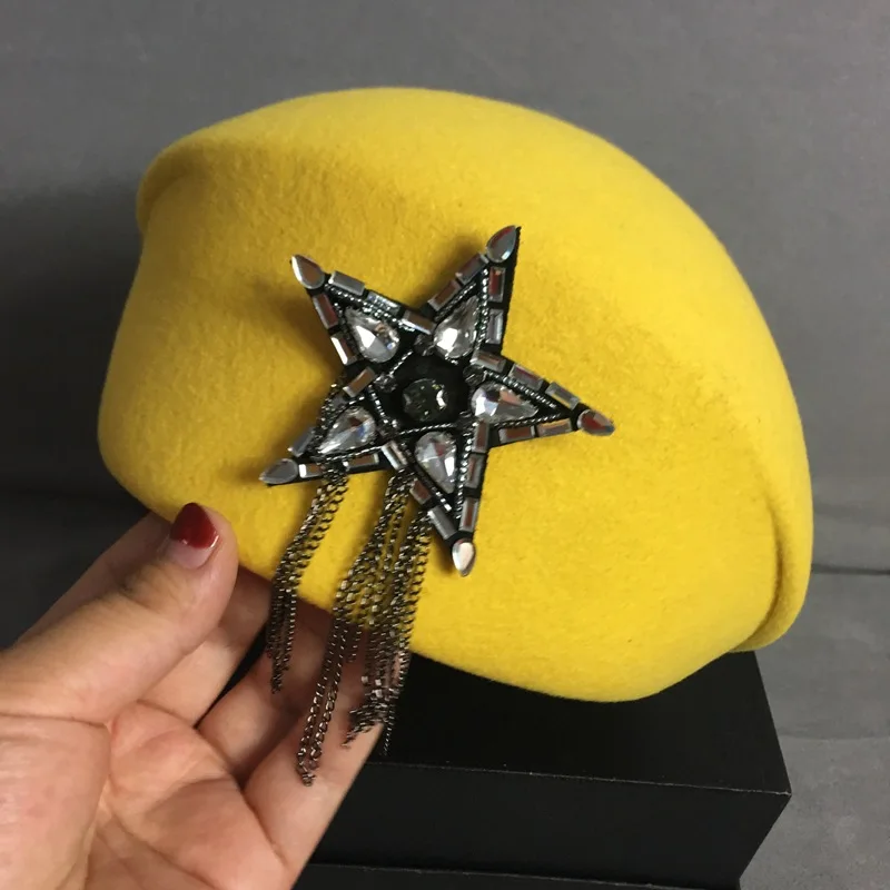 Women Unisex Wool Felt Fedora Yellow Beret Hat Pillbox Fascinator Saucer Tilt Newsboy Cap French Style Beanie Cap Winter Hat
