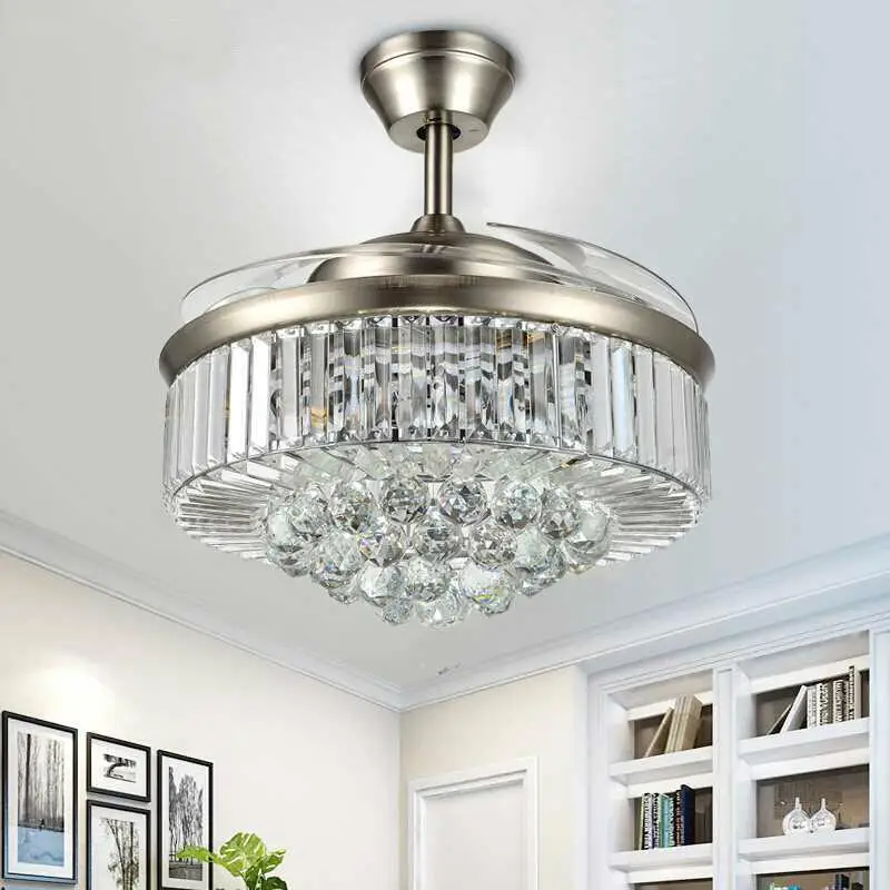 European Crystal Led Fan Light Invisible 42 Inch Silver/Gold Color Fan Light Bedroom Remote Control Ceiling