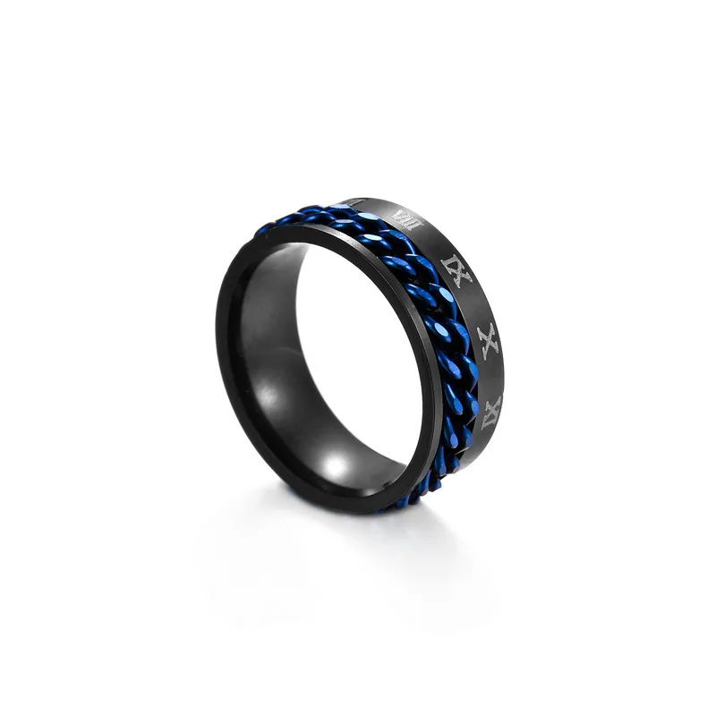 Men's Black Stainless Steel Roman Numeral Chain Spinner Ring