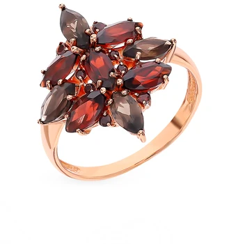 

Gold ring with раухтопазами and Garnet sunlight