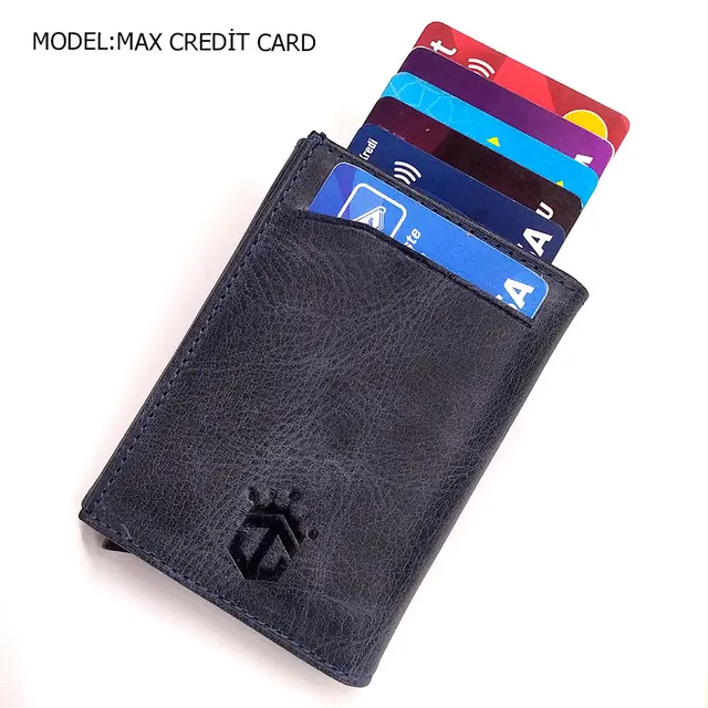 Smart Wallet Business Card Holder Real Cow Leather Handmade Smart Automatic Card Holder Men Gift Max Credit Card Navy blue