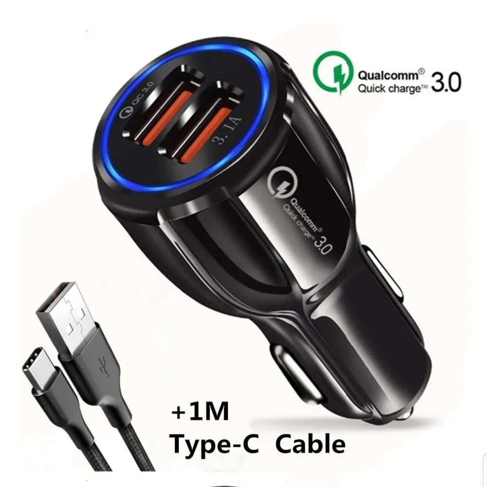 USB мобильный телефон автомобильное зарядное устройство-Qualcom 3,0 Быстрая зарядка+ 1 м Ультра быстрый кабель+ отслеживание груза samsung Iphone