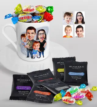 

Personalized Family Caricature Of Turkish Coffee Cup Selamlique Mixed Turkish Coffee house And Haribo Candy Gift Seti-3