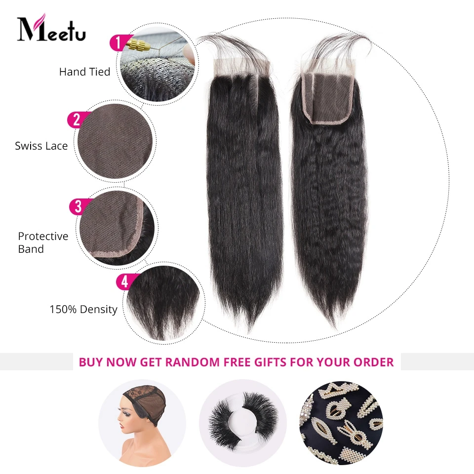 Meetu Kinky Straight Bundles with Closure 4x4 Closure with Bundles 100% Yaki Human Hair Brazilian