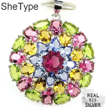 

36x30mm Round Shape 6.1g Multi Color Tourmaline Citrine Peridot Violet Tanzanite Real 925 Solid Sterling Silver Pendant