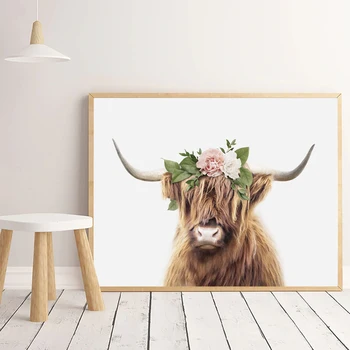 

Highland Cow With Flower Crown Art Print Girls Nursery Wall Art Canvas Painting Farm Animal Cow Nordic Poster Living Room Decor
