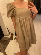 Ladies Dress Puff-Sleeve Square Collar Linen Khaki Vintage High-Waist Casual Summer Women