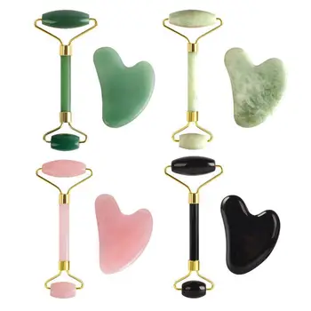 

Jade Roller and Gua Sha Set Natural Crystal Rose Quartz Face Roller Jade Stone Gua Sha Scraping Massage Tool Health Care Kit