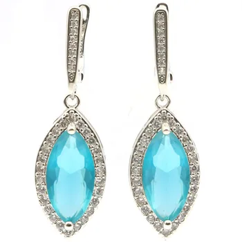 

37x12mm 2020 SheCrown Hot Sell Created Blue Aquamarine CZ Gift For Sister Silver Earrings