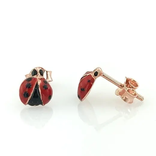 Tiny Studded Ladybug Rosegold Silver Earrings