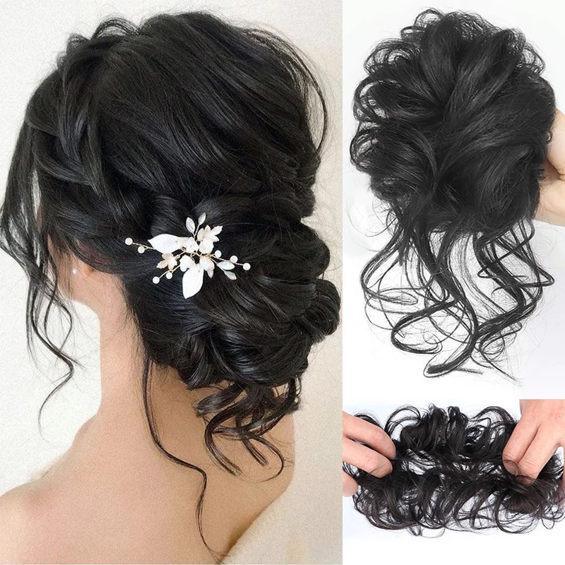 Human hair bundles chignon messy curly hair bun band elastic scrunchy false pieces hairpins black wigs for women
