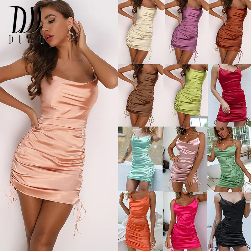 DIWU Ruched Satin Summer Dress Drawstring Spaghetti Straps Cowl Neck Backless mini Dresses for Women Party Sexy Vestidos 2022