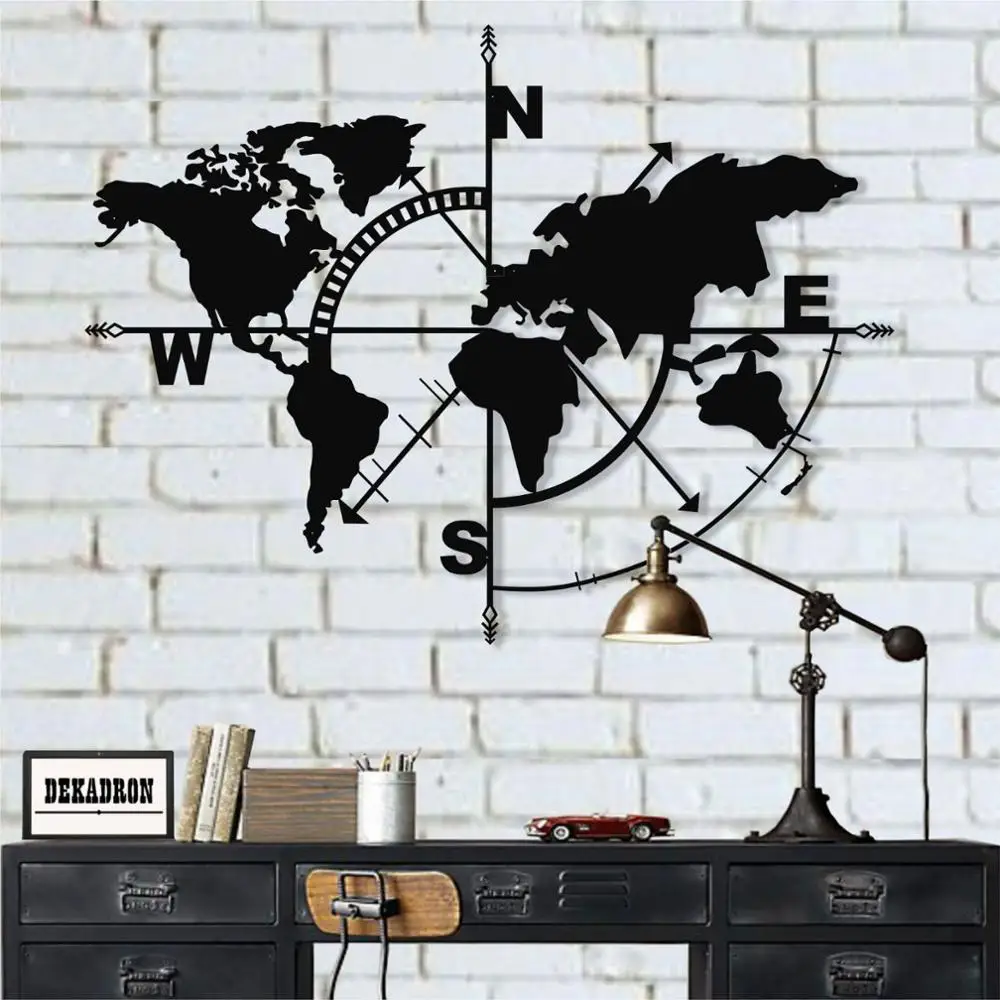 Metal World Map Compass, Metal Wall Decor, Metal Sign, Metal World Map Wall Art, Metal Wall Art