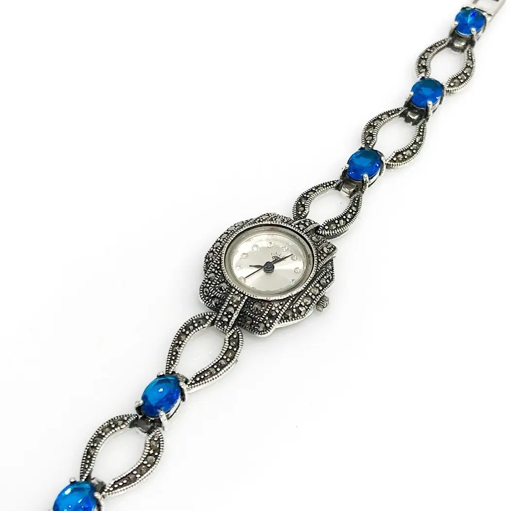 Marcasite Sapphire Stone Japanese Machine Silver Watch