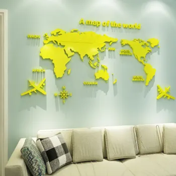

Yellow 3D Acrylic large World Map Wall Sticker Decal For House Decoration Living Room Stickers Bedroom Home Decor Wallpaper
