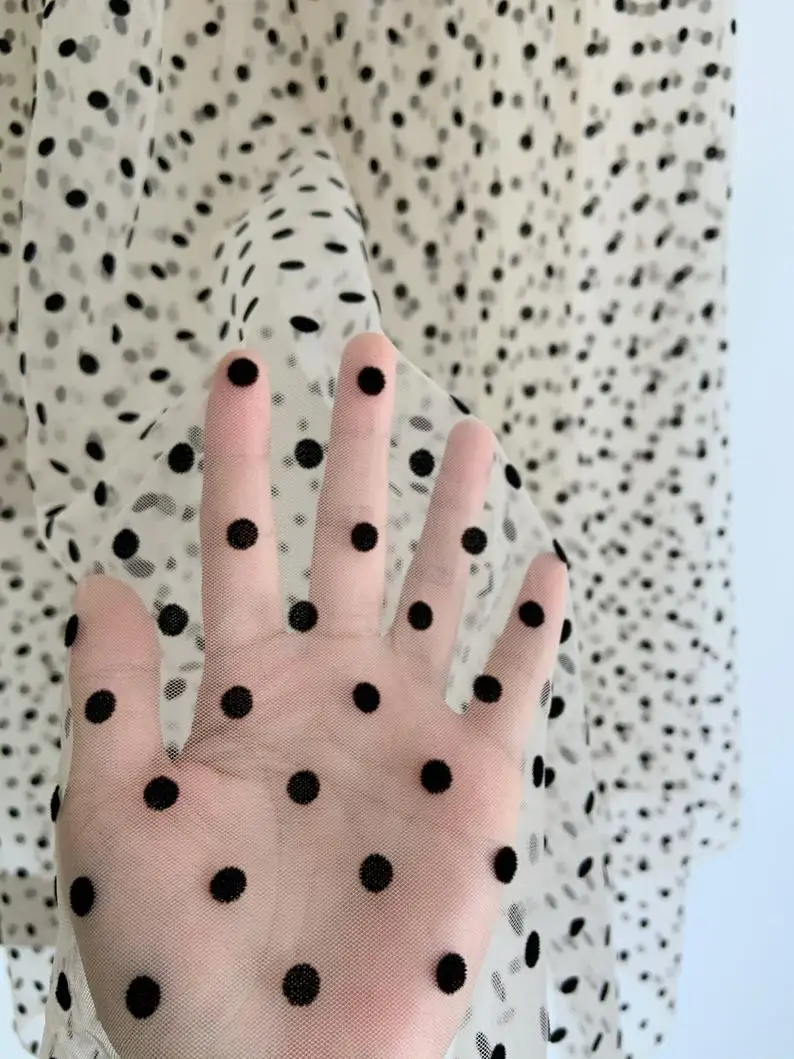 Кремовая Тюлевая кружевная ткань цвета слоновой кости в черный горошек, Тюлевая сетчатая ткань в бархатный горошек, Новое поступление