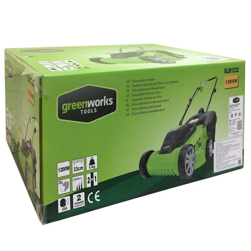 Газонокосилка электрическая Greenworks GLM1232 (Мощность 1200 Вт, ширина скашивания 330 мм, высота скашивания 20-60 мм,