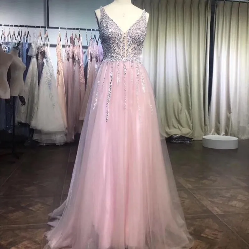 

Сексуальные розовые вечерние платья без рукавов с открытой спиной и V-образным вырезом