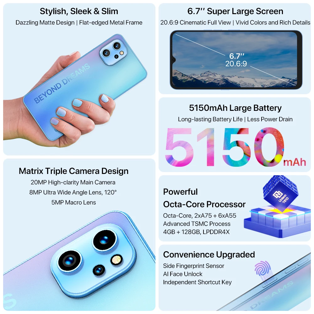 UMIDIGI A13 Smartphone Global Version Unisoc T610 4GB 128GB 20MP AI Triple Camera 6.7 "Full Display 5150mAh Battery Cellphone 2