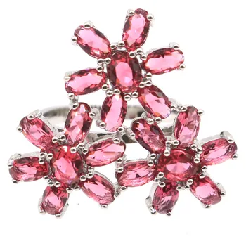 

28x26mm SheCrown Created Flowers Shape Pink Raspberry Rhodolite Garnet Gift For Ladies Silver Rings