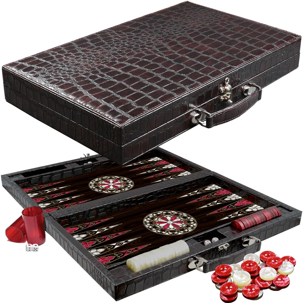 

Backgammon Leather Luxury Board Wooden Set XXL Brown Leather with Handle Checkers Family Party Adult Entertainment Games