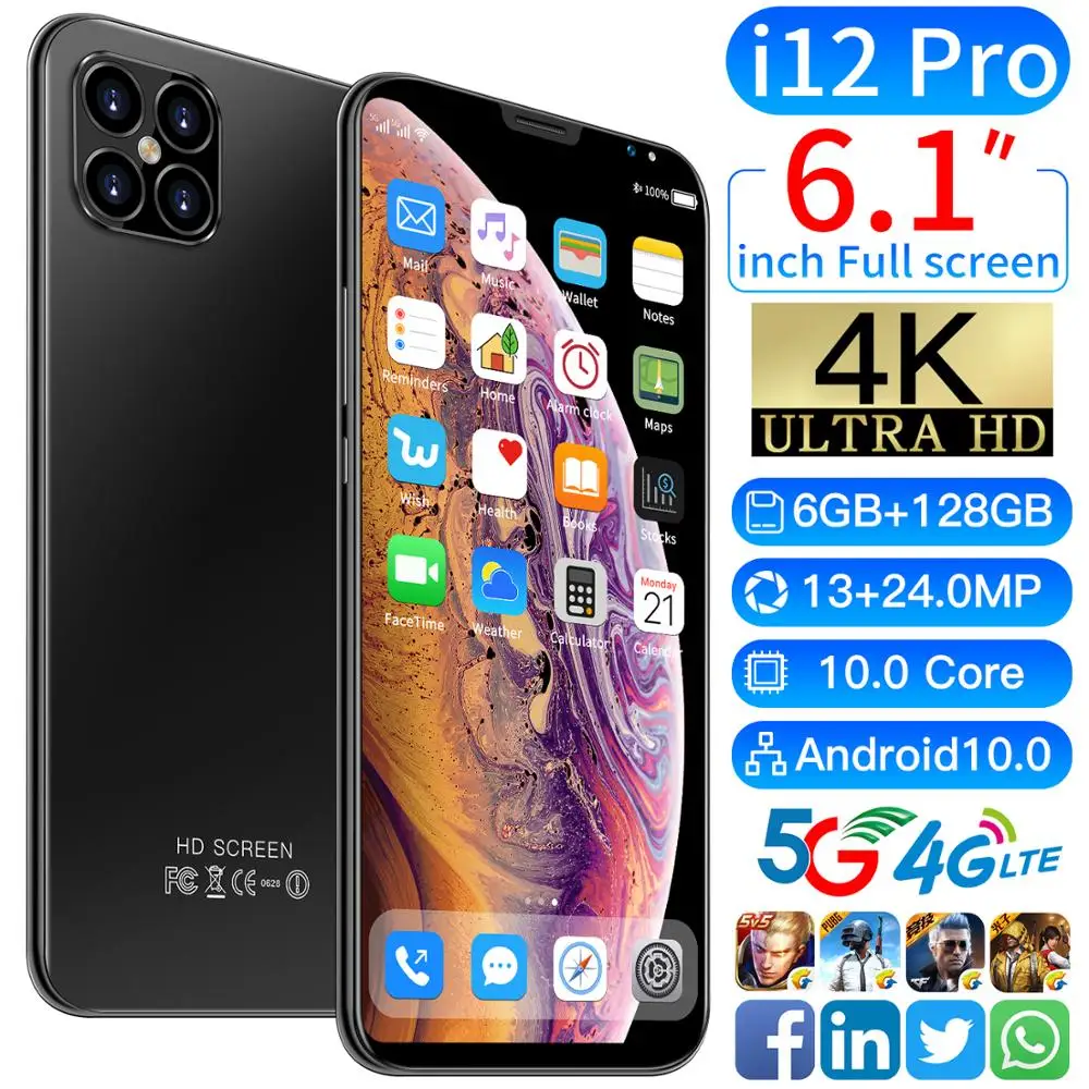 i12 Pro+ 6.1 inch Android Smartphones 8GB+256GB 10-Core 5G LET Cellphones 4 Camera MTK6889 Face ID Unlock Dual SIM Mobile Phone
