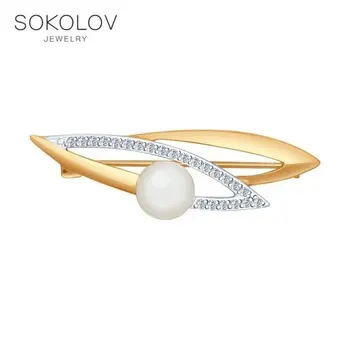 

Brooch Sokolov made of gold with pearls and cubic zirconia fashion jewelry 585 women's male