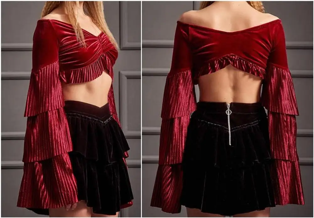 Women Velvet OFF-Shoulder Flared Pleated Sleeves /