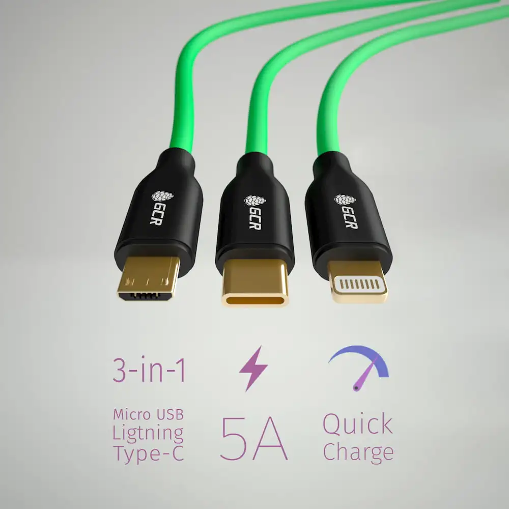 GCR Кабель 3 в 1 для быстрой зарядки USB 2.0- USB micro, Type-c, Lightning