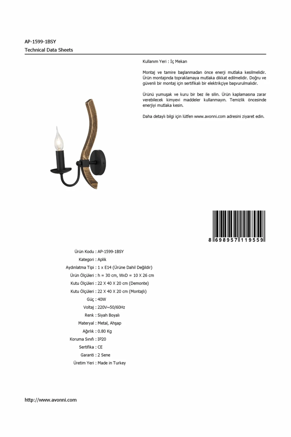 AVONNI AP-1599-1BSY черный окрашенный Настенный бра, E14, металл, Woode