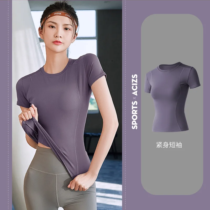 T-shirt de yoga sans couture à séchage rapide pour femme, t-shirt serré en Y pour la course, l'entraînement, le fitness et le sport, manches courtes