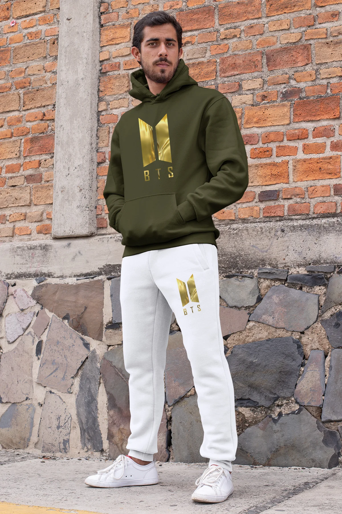 Angemiel Wear BTS Корейский мужской спортивный костюм зеленый свитшот с капюшоном белые
