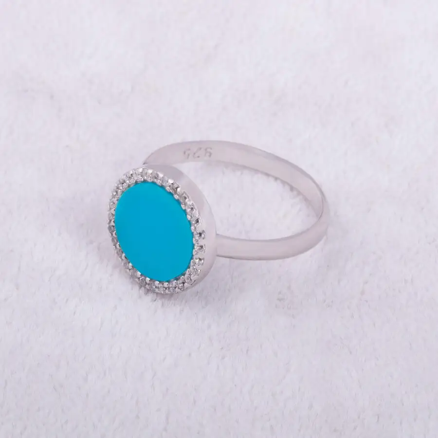 

925 Sterling Silver Zircon Stone Embroidered Ladies Ring Oval Cut Turquoise St Fashion Turkish Premium Quality Handmade Jawelery